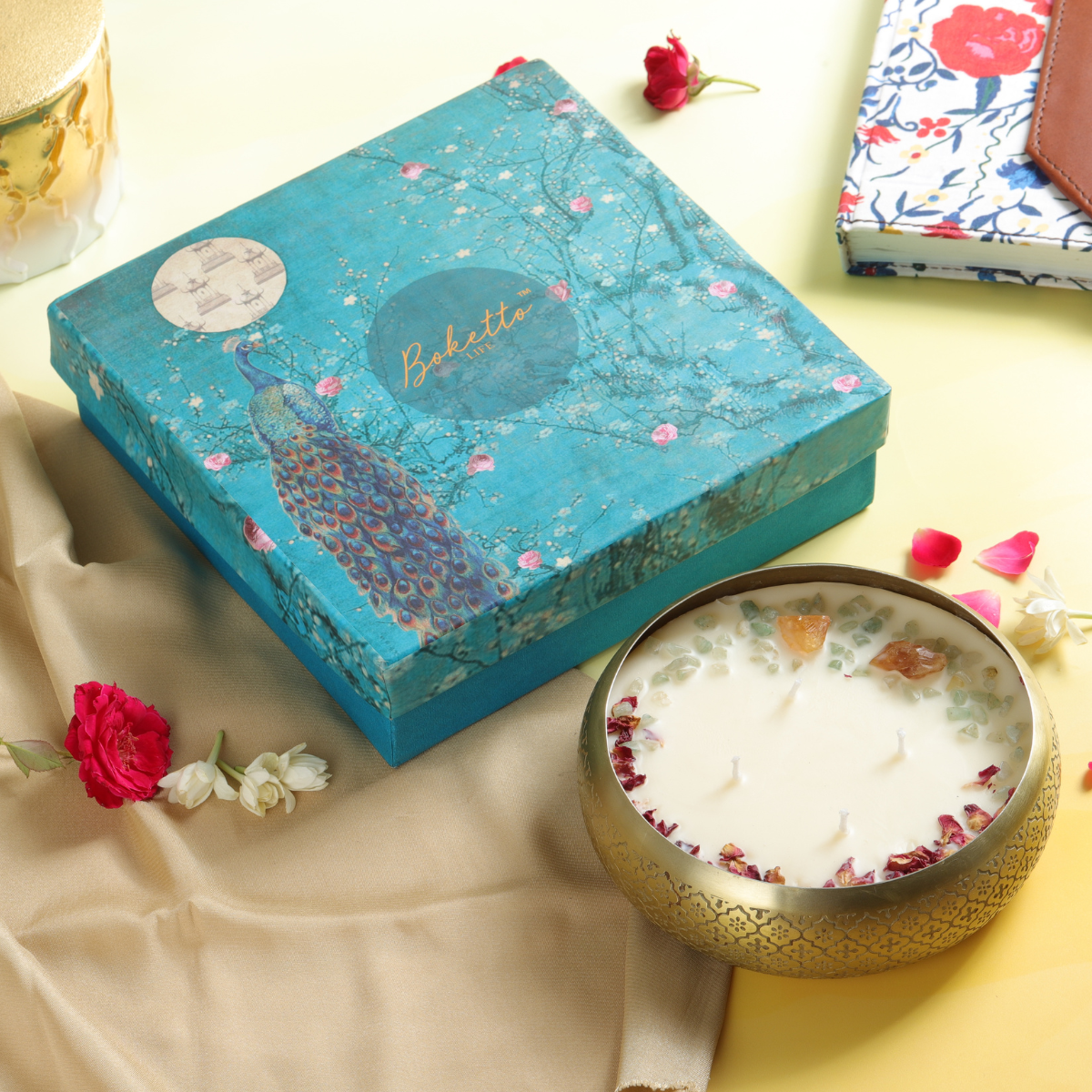 Soy wax scented candle adorned with healing crystals