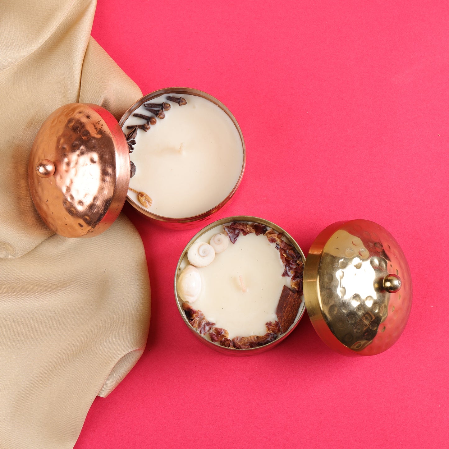 Soy wax candle beautifully decorated in metal jar
