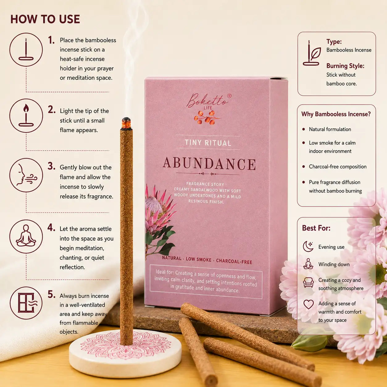 ABUNDANCE BAMBOOLESS INCENSE- TOP NOTES- SOFT WOODY SANDALWOOD (30 pcs)
