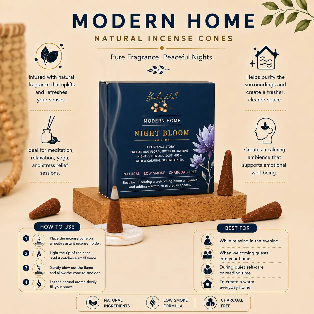 NIGHT BLOOM – INCENSE CONES-TOP NOTES RICH FLOVER RAAT RANI ( 32 pcs)