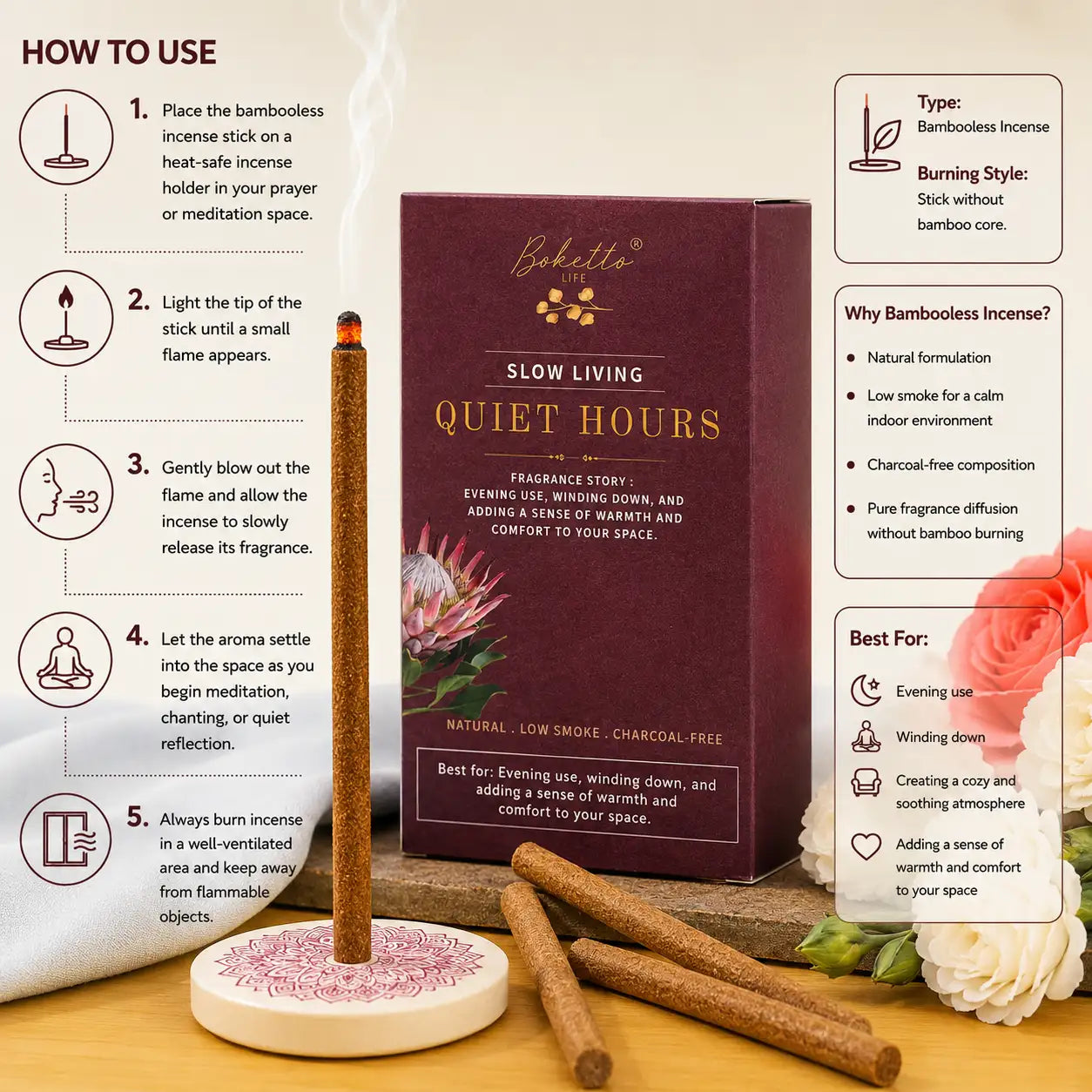 QUIET HOURS BAMBOOLESS- TOP NOTES DEEP SANDALWOOD WITH WARM WOODY RICHNESS (30 STICKS)