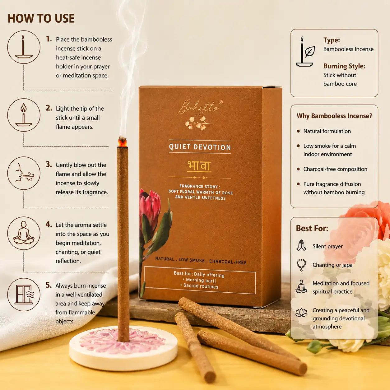 भावा (Bhāva) BAMBOOLESS INCENSE-TOP NOTES FRESH ROSE (30 pcs)