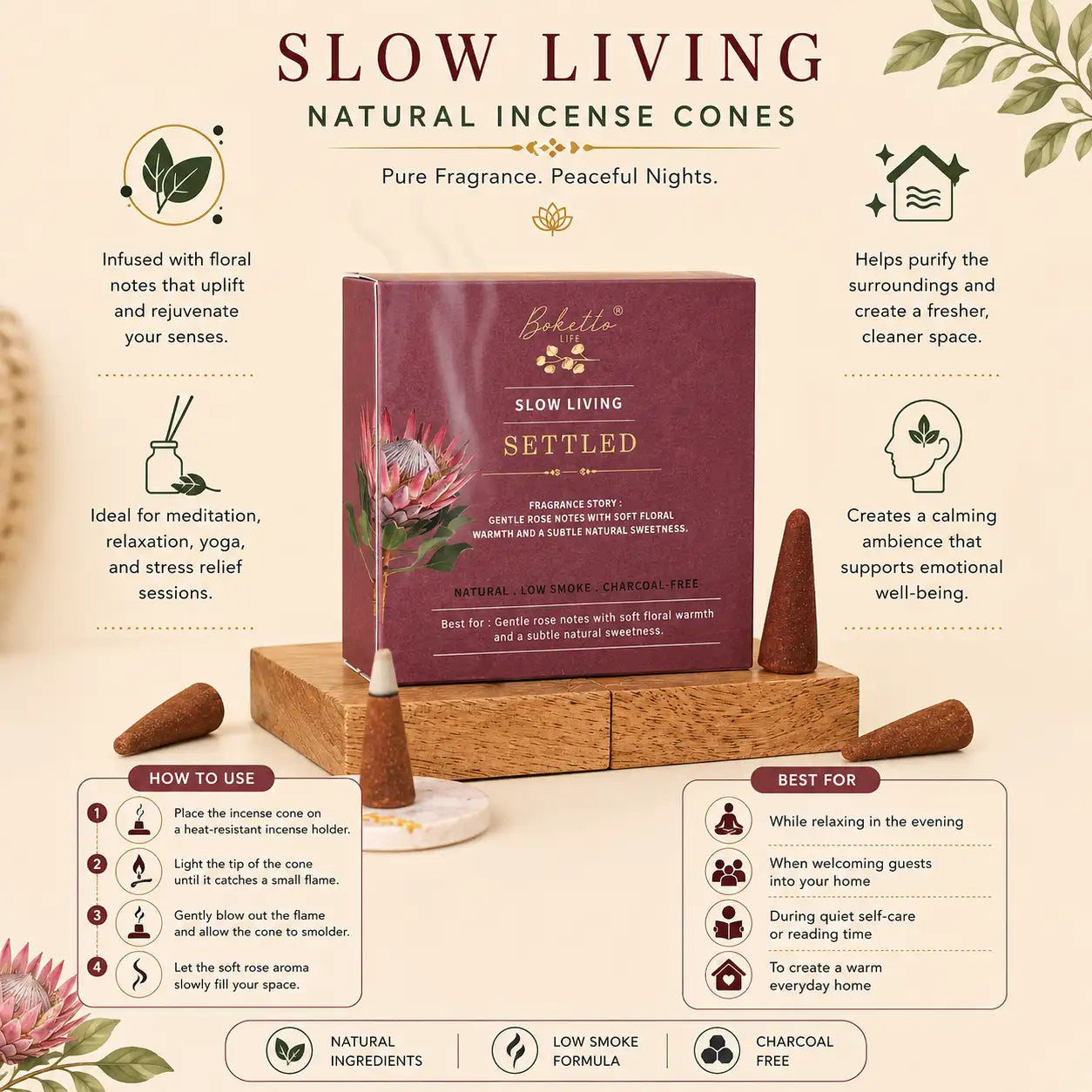 SETTLED-INCENSE CONES-TOP NOTES-GENTLE ROSE (32 pcs)