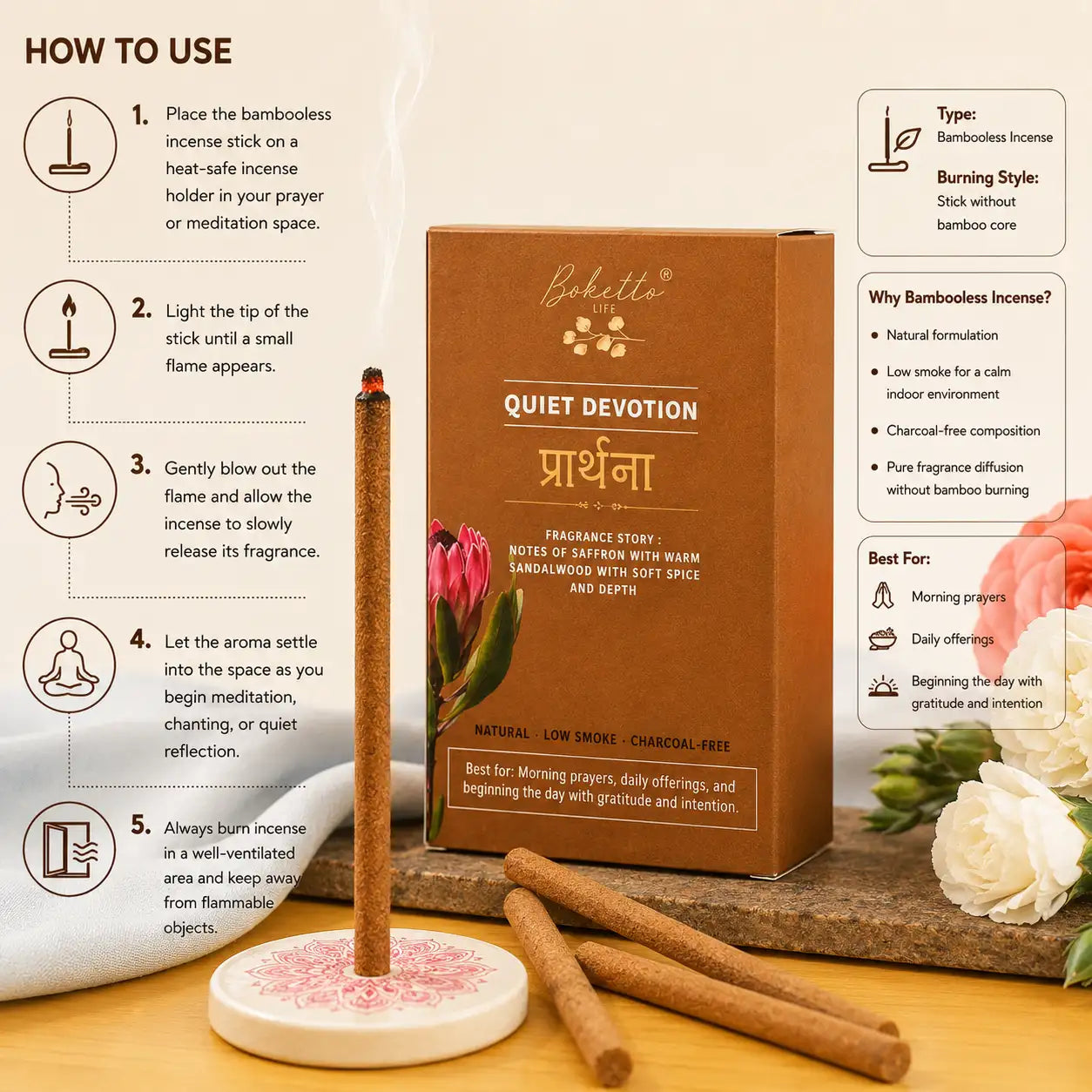 प्रार्थना (Prarthana) BAMBOOLESS INCENSE -TOP NOTES-SAFFRON & SANDALWOOD (30 pcs)