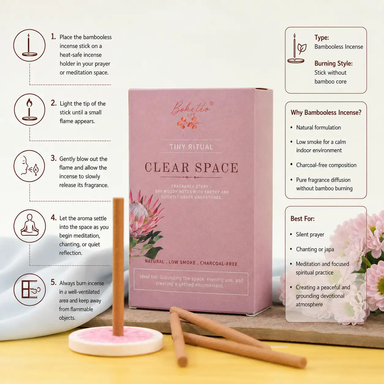 CLEAR SPACE BAMBOOLESS INCENSE- TOP NOTES FOREST WOODY NOTES (30 pcs)
